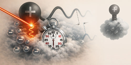 In certain materials, electrons (light grey cloud) react with a delay to vibrations of atomic nuclei (dark grey) excited by a laser pulse (red)