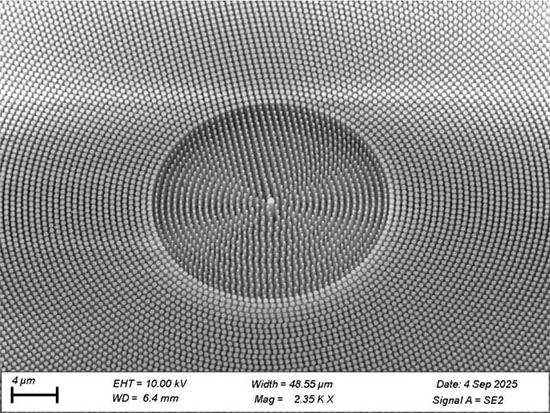 Scanning electron microscopy image of a silica metasurface, with no visible imperfections and tall, cylindrical nanopillars