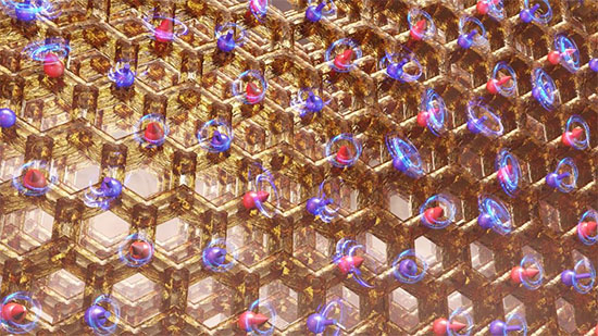 In a honeycomb lattice of potassium cobalt arsenate, cobalt spins (red and blue arrows) couple and align