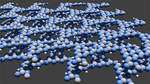 Two layers of graphitic carbon nitride stacked on top of each other (carbon atoms in gray, nitrogen atoms in blue)