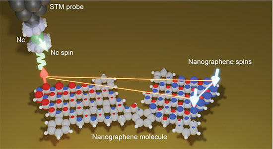 The interaction between the spin of a nickelocene (Nc) molecule at the apex of an STM probe with the spins of a magnetic nanographene molecule allow the molecule’s magnetic ground state to be determined