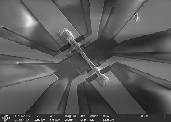 Microscope image of a helical-shaped device crafted using the new method
