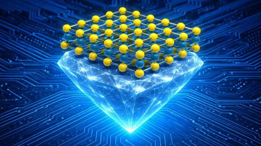 Illustration showing two-dimensional molybdenum disulfide (yellow and blue spheres) stacked on diamond