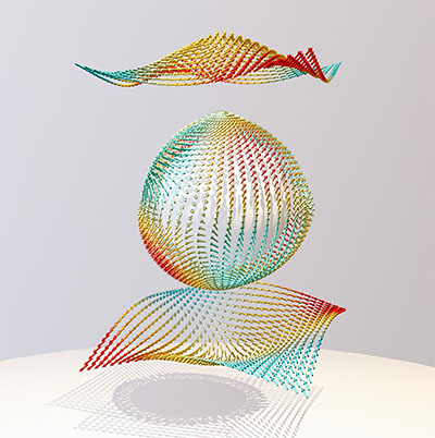 Image depicts an antivortex polaron in a zinc-blende crystal, where a localized electron twists nearby atoms into a skyrmion-like pattern. The distortion spreads through the lattice via electron–phonon coupling.
