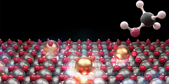 Each of the isolated indium atoms (in gold color) can catalyse the synthesis of methanol (top right)