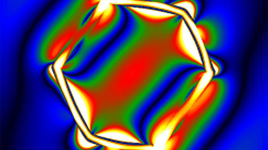 A simulated electric field amplitude map of a hexagonal metallic nanoframe