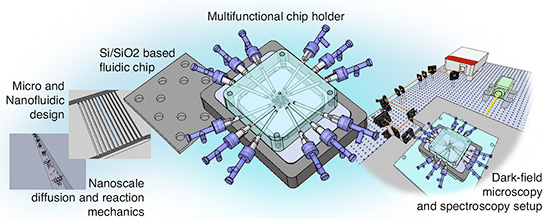 A temperature-controlled chip holder with integrated electrodes for nanofluidic scattering spectroscopy on highly integrated nanofluidic systems