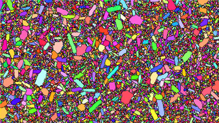 Each color in this image, created using electron backscatter diffraction, corresponds to a different orientation of the grain