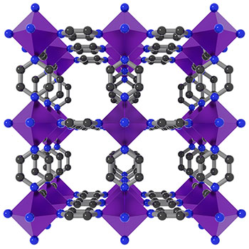 The illustration shows the structure of the new material Cr(pyrazine)3, in which chromium atoms (purple) are connected in a regular three dimensional network by organic pyrazine molecules including nitrogen (blue) and carbon (grey)