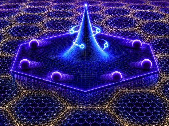 Artist's impression of the dual nature of electrons revealed by the Quantum Twisting Microscope in magic-angle graphene's flat bands