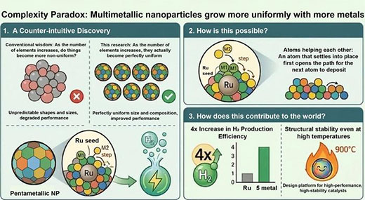 Schematic illustration of multicomponent nanoparticle formation via competitive reactivity and its application in hydrogen catalysis