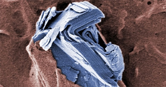 coloured scanning electron microscope image shows a particle of few-layer graphene
