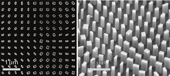 Scanning electron microcsope (SEM) images of the nanoscale structures on the metasurface: top-down view (left) and oblique view (right).