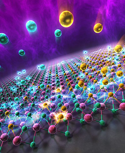 An image of the Janus formation reaction in which the outermost chalcogen atom in an atomic layer material is replaced by another chalcogen atom with the support of electron accumulation