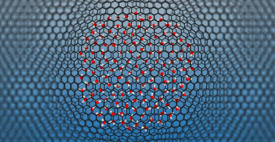 A top-down view of a nanoscale water droplet trapped between two-dimensional sheets of graphene.