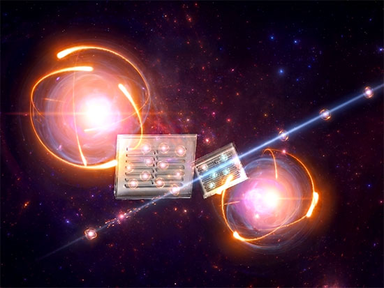This illustration depicts a microfabricated atomic vapor cell, with atoms trapped within glass cavities on a chip used to measure high-frequency electrical fields