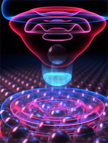Artist’s rendering of an extremely short electron wave packet (blue) at the boundary between space and time