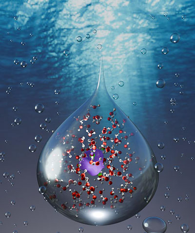 Illustrative representation of free electron's wave function in a droplet of water, with the arrangement of water molecules in its vicinity