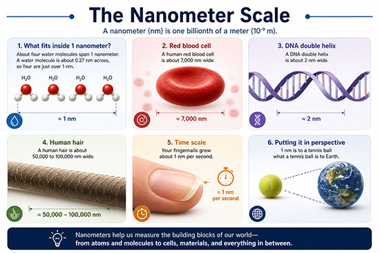 Infographic showing the nanometer scale with four water molecules spanning about 1 nanometer, a red blood cell about 7,000 nanometers wide, DNA about 2 nanometers wide, a human hair 50,000 to 100,000 nanometers wide, fingernails growing about 1 nanometer per second, and a tennis ball to Earth scale analogy.