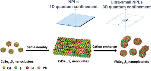 Scheme of the formation of NIR nanoplatelets through cation exchange using visible NPLs as template and 1D to 3D transition of quantum confinement from NPLs to ultrasmall NPLs