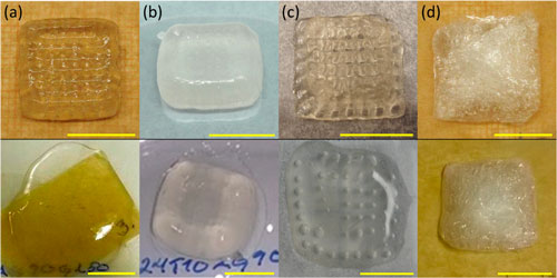 Printed hydrogel structures before and after humidity tests