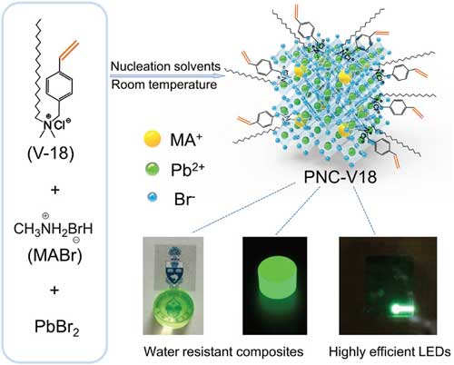 The design of PNCs modified with chemically addressable ligands and their application in LEDs and as water-resistant composites
