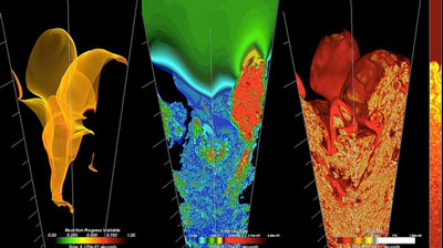 >Three visualizations of nuclear combustion in a supernova. The leftmost frame depicts the flame surface itself, while the other frames represent the combustion's velocity and enstrophy, two fluid dynamics that dictate how the combustion flows through the entire system