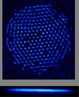 Under certain conditions, trapped beryllium ions form a hexagonal single-plane crystal. This crystal consists of about 300 ions that are spaced about 10 micrometers apart and are fluorescing