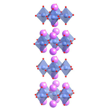 >The crystal structure of Sr<sub>2</span>IrO<sub>4</span> (pink, Sr; red,O; blue, Ir).