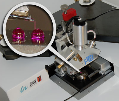 >The micro probe used in the micro-nano CMM measures the form and the spacing of two reference spheres with diameters of two millimetres each