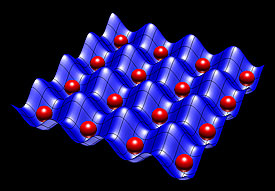 Optical lattices use lasers to separate rubidium atoms (red) for use as information bits in neutral-atom quantum processors