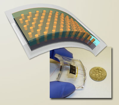 A flexible solar cell is achieved by removing the aluminum substrate, substituting an indium bottom electrode, and embedding the 3-D array in clear plastic