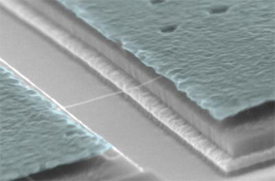 The tiny string in this electron microscope image is 800 nanometer long