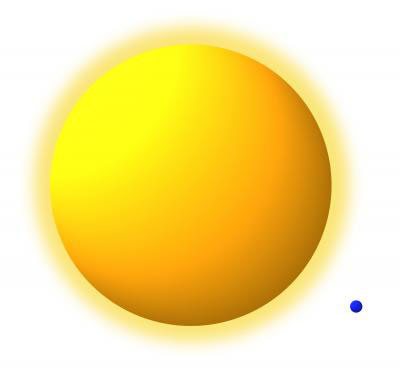 Sodium-like tungsten ions (blue) are far smaller than neutral sodium atoms (orange) -- the ion's 11 electrons are pulled in very tightly by the 74 protons in the tungsten nucleus, making their energy jumps far more expensive than in neutral sodium and causing them to emit high-energy ultraviolet wavelengths of light, rather than visible light, as is the case with ordinary sodium.