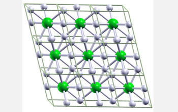 Ball-and-stick image of hypothetical metallic crystal cells composed of one lithium, or Li, atom and six hydrogen, or H, atoms