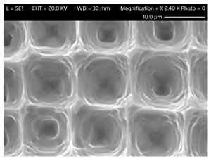 Etching a dense array of pits into the surface of a silicon substrate with a laser increases its water repellency