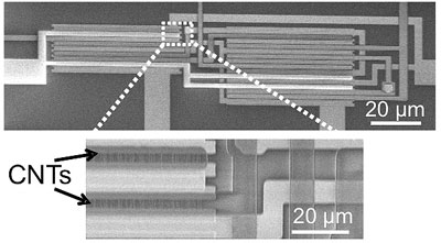 An electron microscope image showing carbon nanotube transistors (CNTs) arranged in an integrated logic circuit.