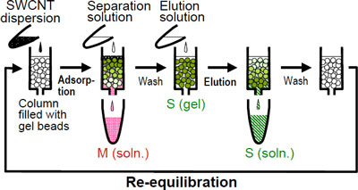 A schematic illustration of the separation of metallic and semiconducting SWCNTs using a gel-packed column