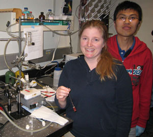 Graduate students Jennifer Hensel and Gongming Wang tested the performance of composite nanomaterials in PEC cells for hydrogen production.