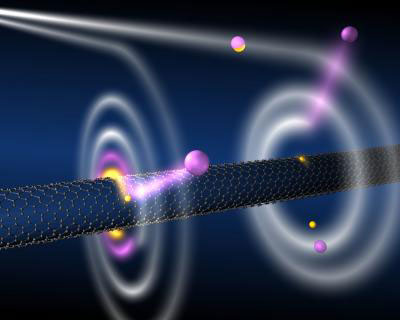 Launched laser-cooled atoms are captured by a single, suspended, single-wall carbon nanotube charged to hundreds of volts