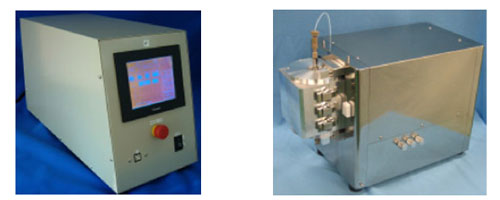 Microwave control unit (left) and irradiation part (right) of continuous production equipment for metal nanoparticles