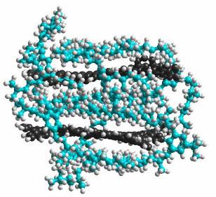 Two graphene molecules (dark grey) are caged by sidegroups (blue) attached to each graphene sheet