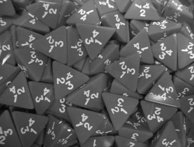 Tetrahedral dice have four triangular faces. When the dice are randomly poured into a container, they pack themselves more tightly than any other shape studied so far