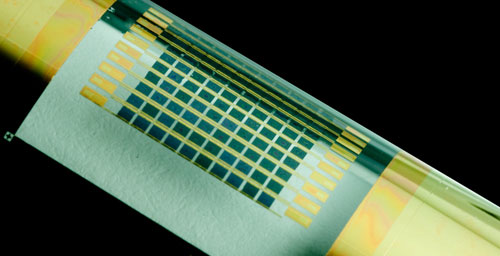 A flexible array of gallium arsenide solar cells. Gallium arsenide and other compound semiconductors are more efficient than the more commonly used silicon