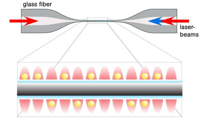 Using laser light which travels through a tapered glass fiber, cesium atoms are trapped along its ultra-thin waist. The central part of the fiber is thinner than the wavelength of the light itself. As a consequence, the latter protrudes into the space surrounding the fiber and couples to the trapped atoms