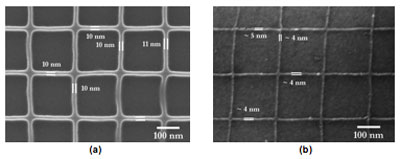 Nanoscale lines of (a) copper naphthenate and (b) copper after hydrogen reduction