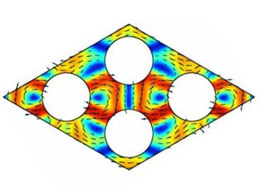 A computer simulation shows phonons, depicted as color variations, traveling through a crystal lattice