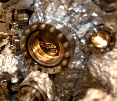 This view provides a look into the heart of a scanning tunneling microscope in the specially designed Princeton Nanoscale Microscopy Laboratory, where highly accurate measurements at the atomic scale are possible because sounds and vibrations, through a multitude of technologies, are kept to a minimum