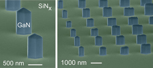 Colorized micrograph of semiconductor nanowires grown at NIST in a precisely controlled array of sizes and locations
