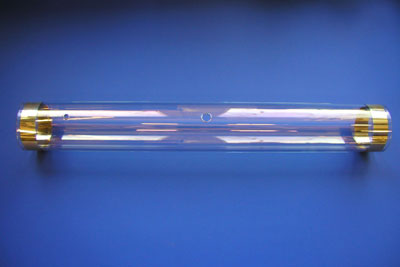 A transparent heatable film made out of indium tin oxide surrounds this glass tube